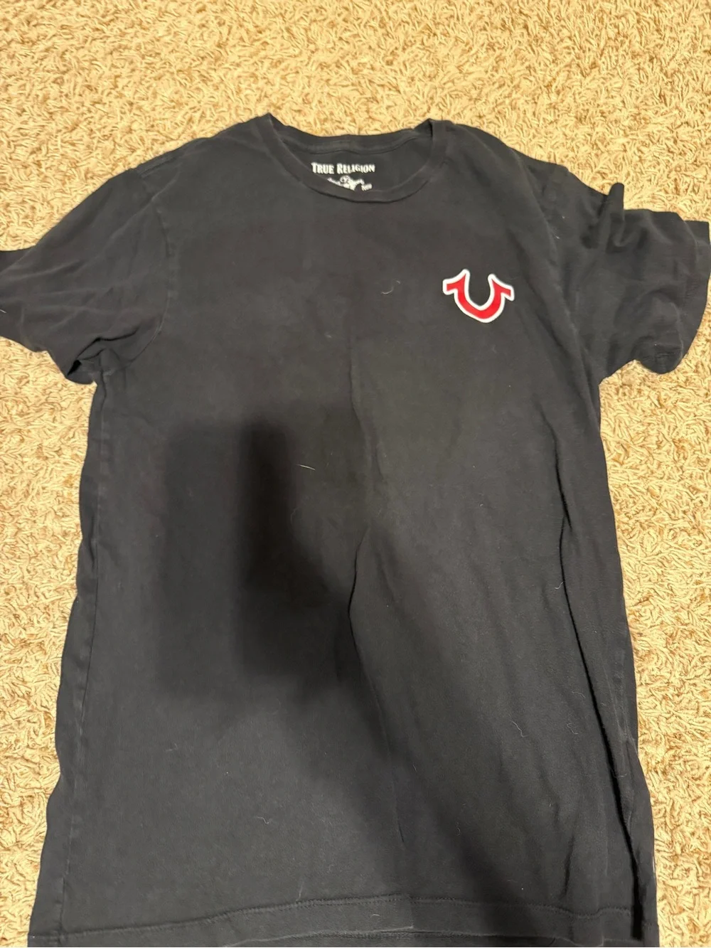 True Religion Black Short Sleeve Tee with Red Crest Logo
